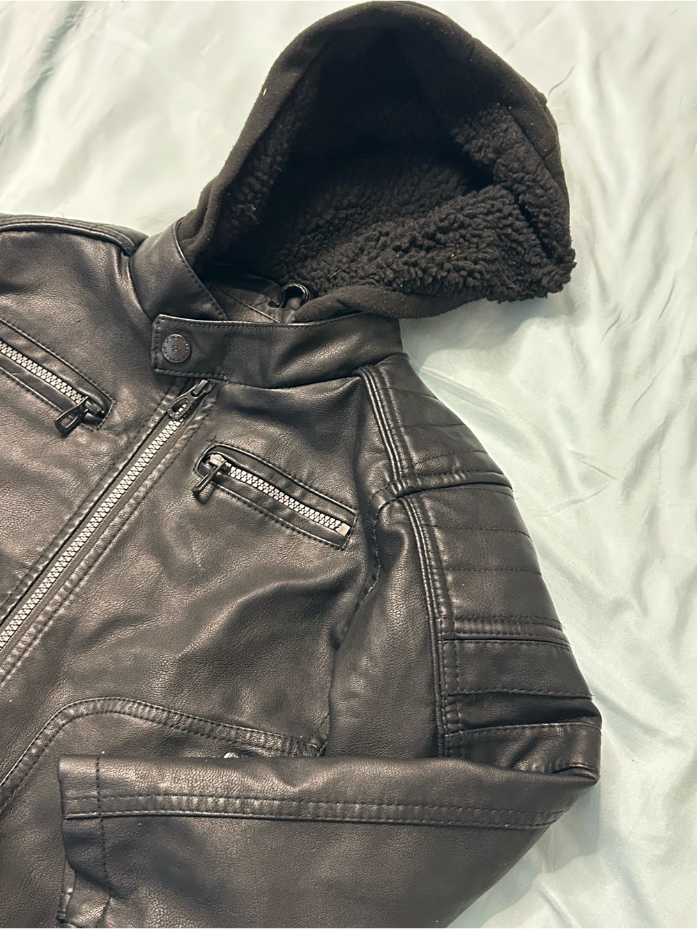 Kids Black Faux Leather Hooded Jacket with Sherpa Lining